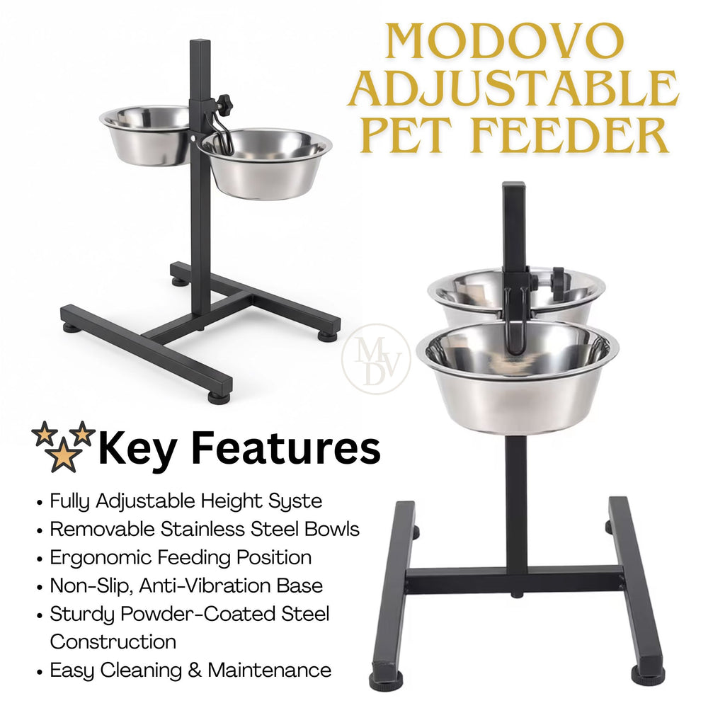 MODOVO Adjustable Elevated Pet Feeder – Raised Dog & Cat Bowl Stand with 2 Stainless Steel Bowls