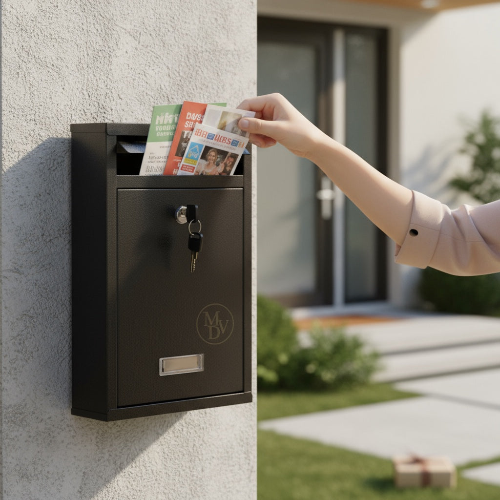 Modovo Wall Mounted Gloss Black Post Box – Secure Lockable Mailbox with 2 Keys | Weatherproof Steel Letter Box