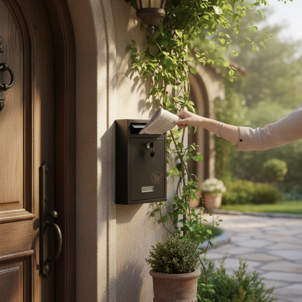 Modovo Wall Mounted Gloss Black Post Box – Secure Lockable Mailbox with 2 Keys | Weatherproof Steel Letter Box