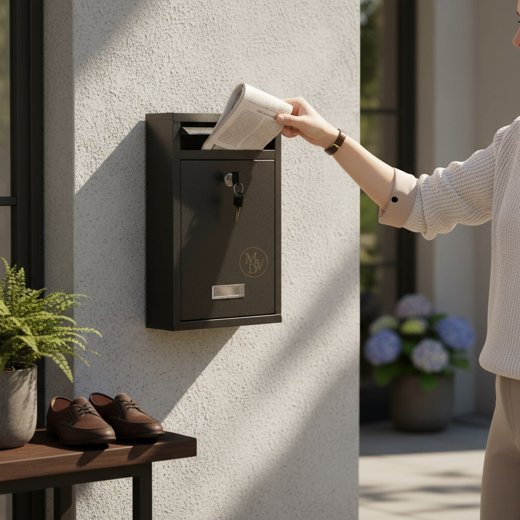 Modovo Wall Mounted Gloss Black Post Box – Secure Lockable Mailbox with 2 Keys | Weatherproof Steel Letter Box