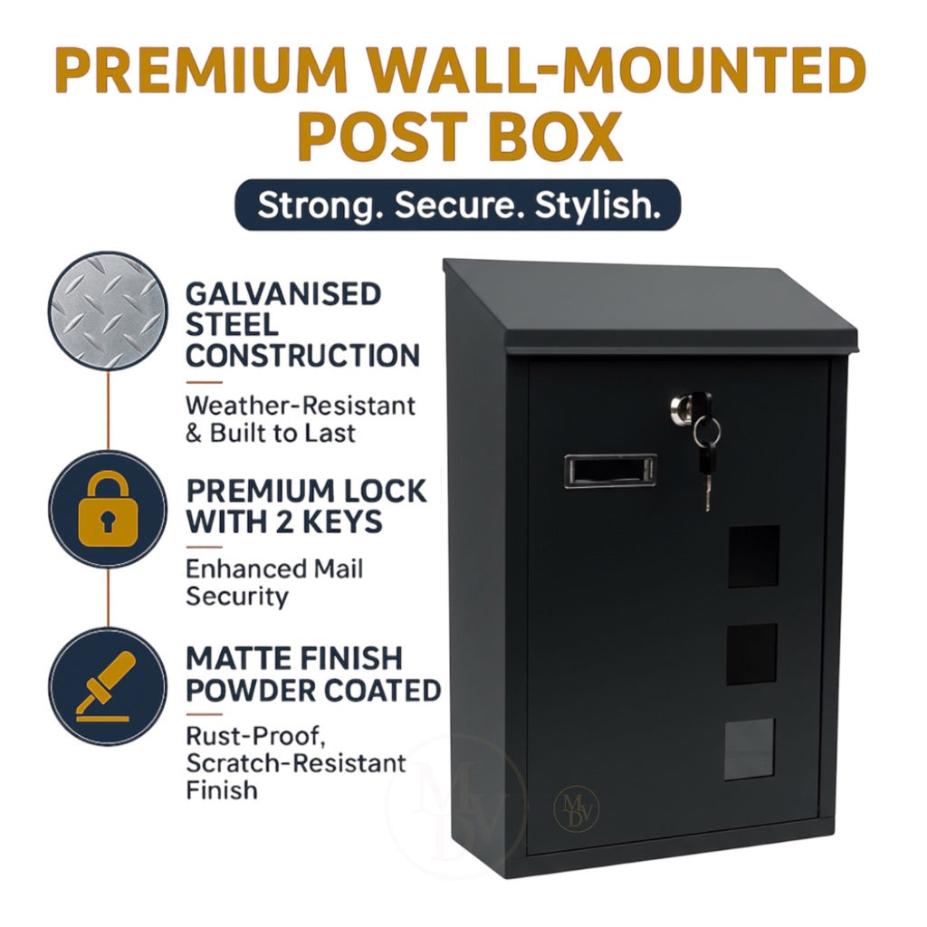 Modovo Black Wall Mounted Post Box | Lockable Weatherproof Mailbox with Viewing Windows
