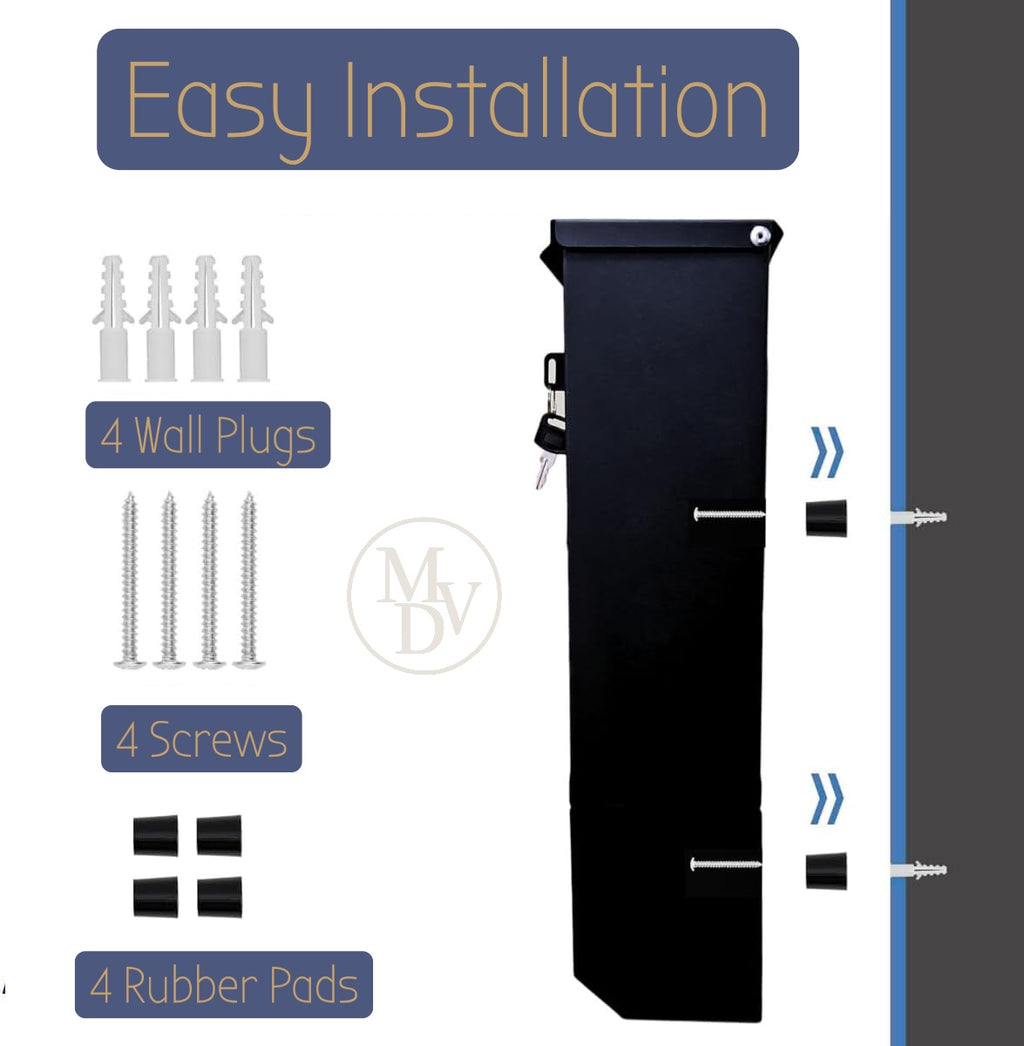 Modovo Black Wall Mounted Post Box | Lockable Weatherproof Mailbox with Newspaper Holder