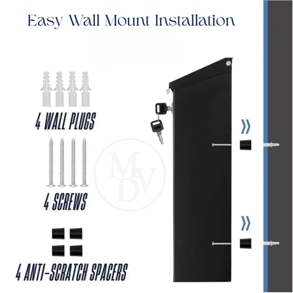 Modovo Black Wall Mounted Post Box | Lockable Weatherproof Mailbox with Viewing Windows