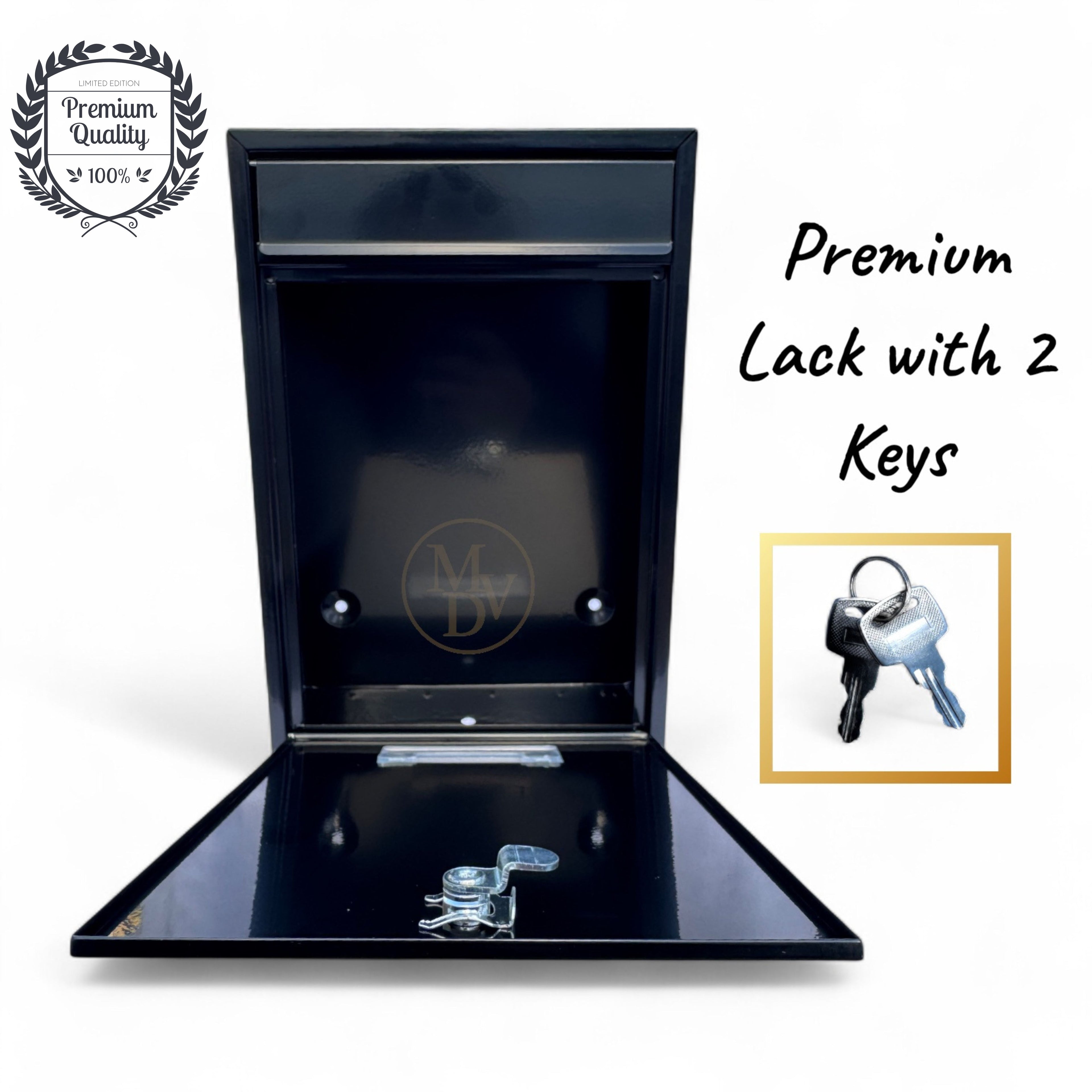 Modovo Wall Mounted Gloss Black Post Box – Secure Lockable Mailbox with 2 Keys | Weatherproof Steel Letter Box