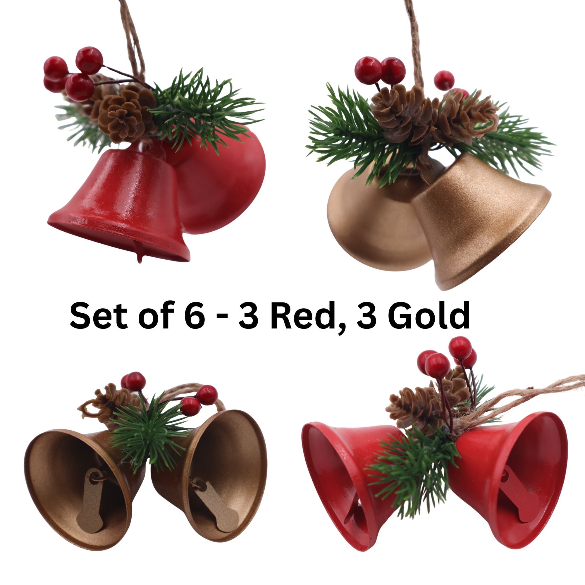 MODOVO Set of 6 Red & Gold Christmas Bell – Festive Metal Hanging Bells