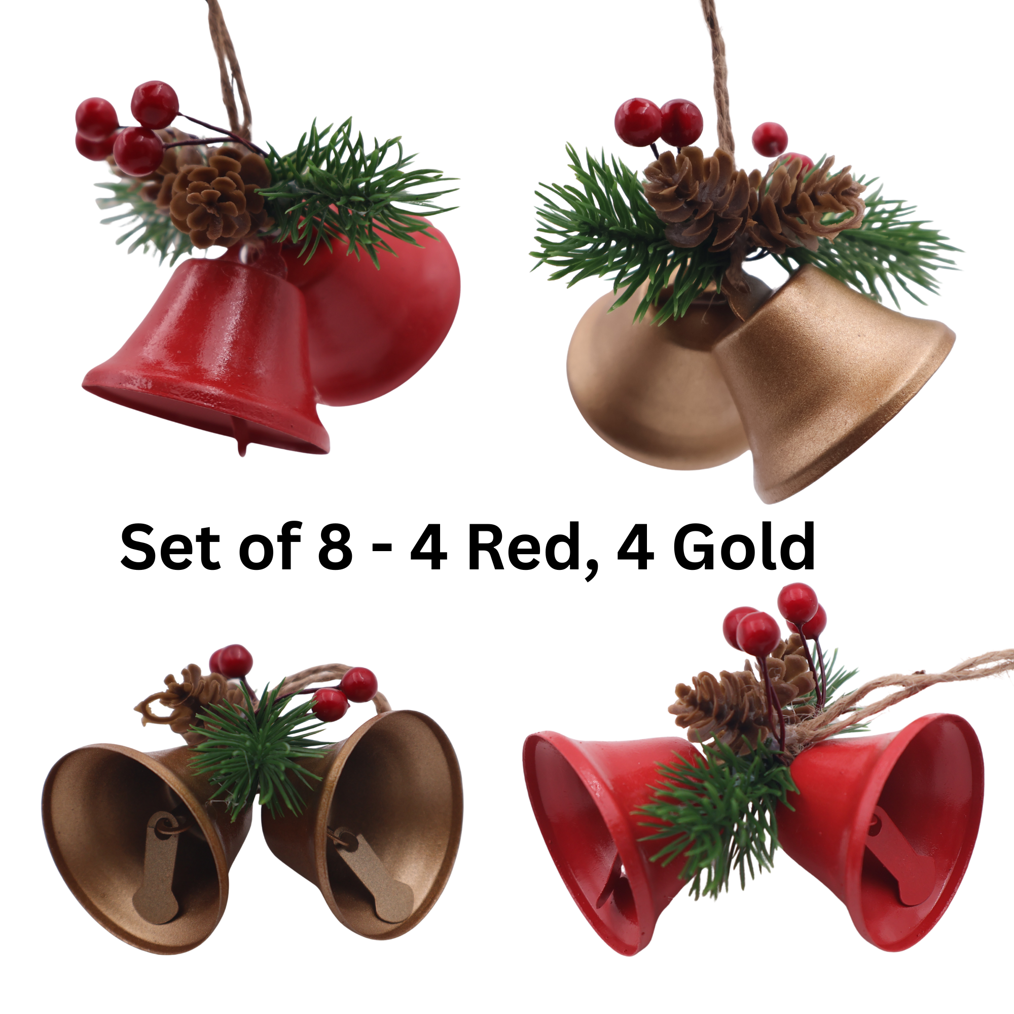 MODOVO Set of 8 Red & Gold Christmas Bell – Festive Metal Hanging Bells
