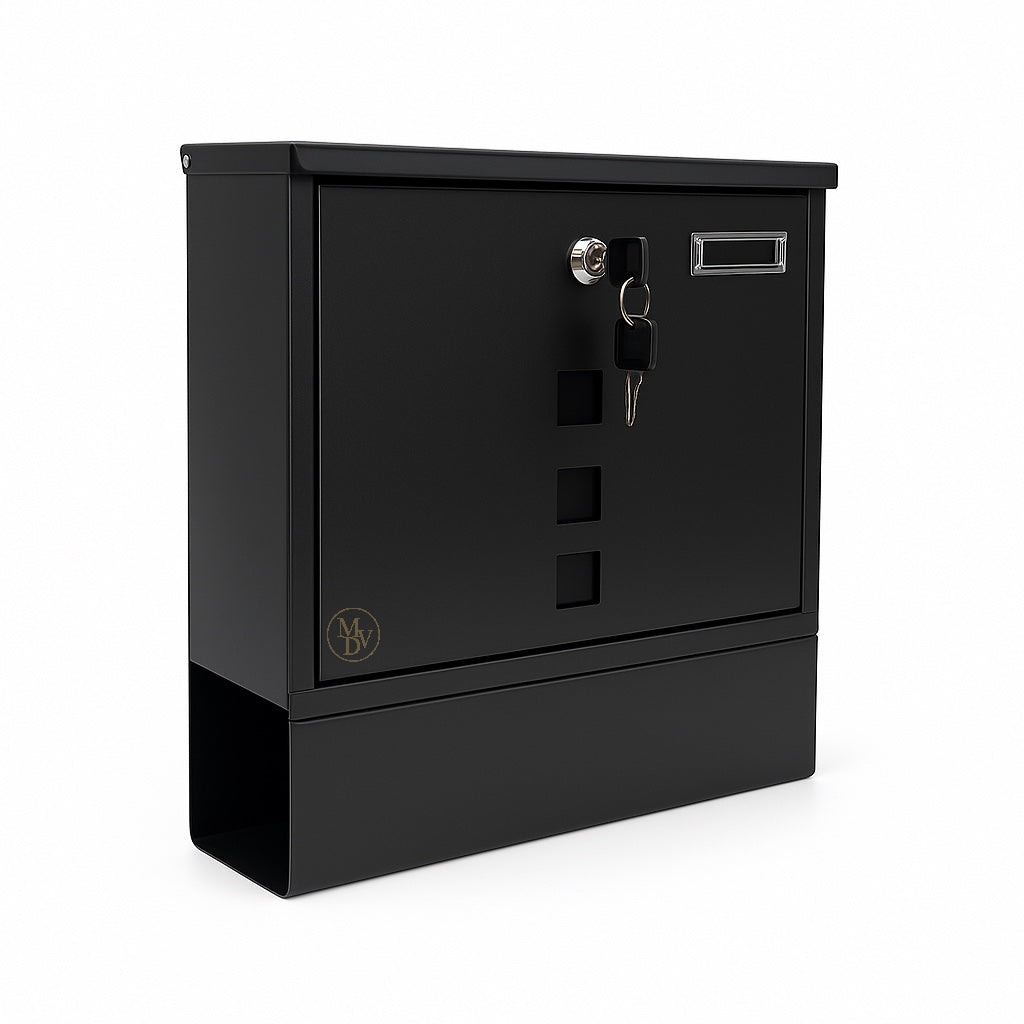 Modovo Black Wall Mounted Post Box | Lockable Weatherproof Mailbox with Newspaper Holder