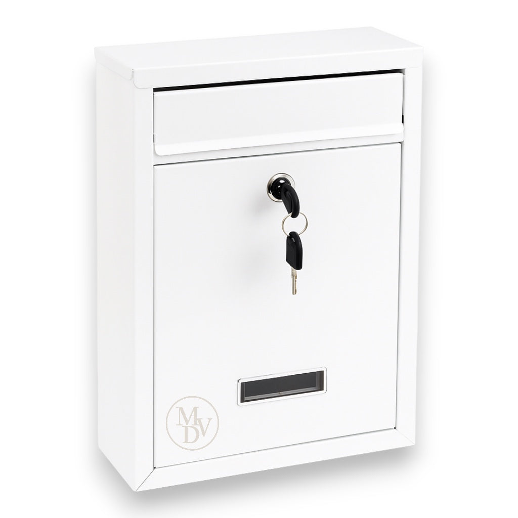 Modovo Wall Mounted White Post Box – Secure Lockable Mailbox with 2 Keys | Weatherproof Steel Letter Box
