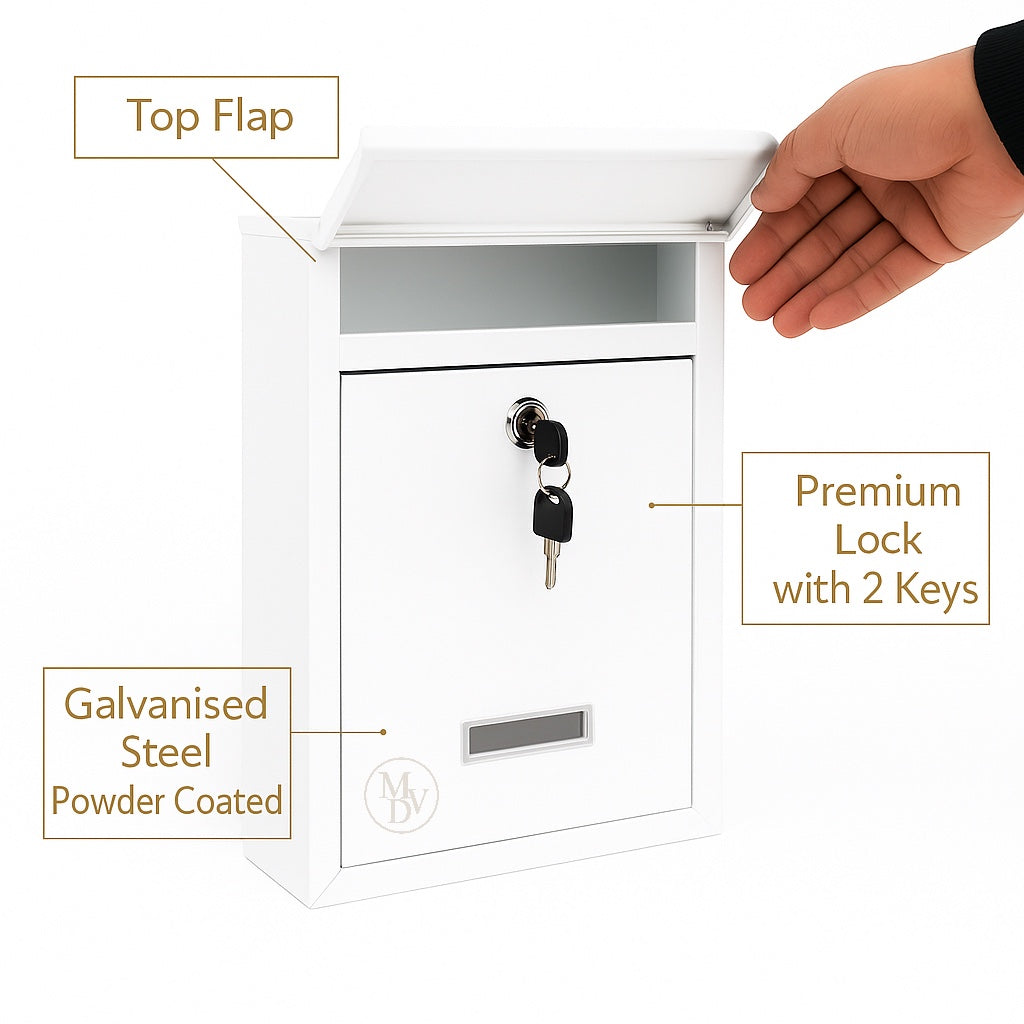 Modovo Wall Mounted White Post Box – Secure Lockable Mailbox with 2 Keys | Weatherproof Steel Letter Box