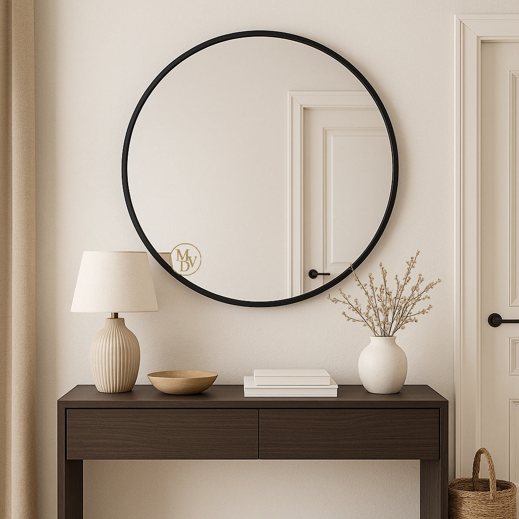 Modovo 40 cm Black Round Wall Mirror | Modern Aluminium Frame & HD Glass