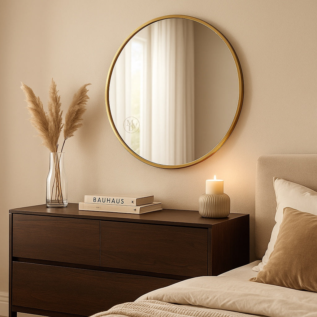 Modovo 40 cm Gold Round Wall Mirror | Modern Aluminium Frame & HD Glass
