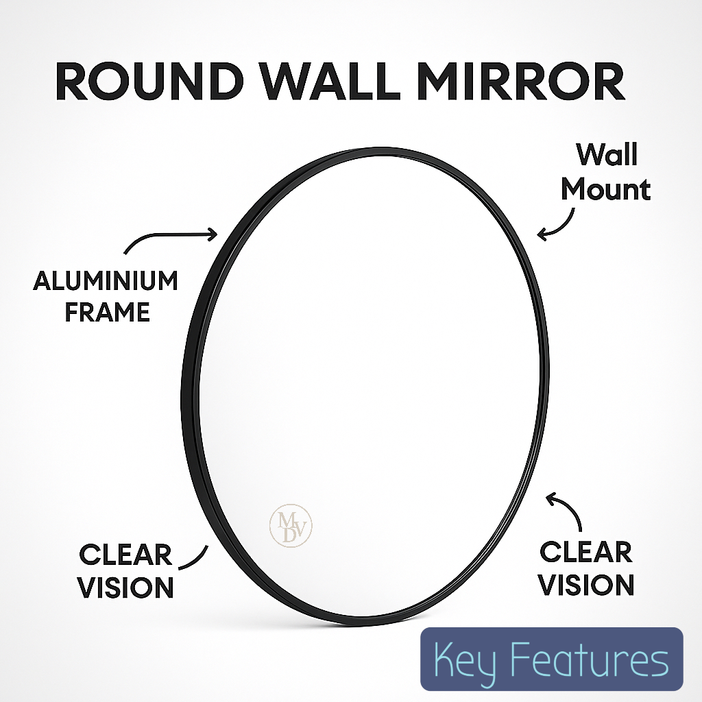 Modovo 40 cm Black Round Wall Mirror | Modern Aluminium Frame & HD Glass
