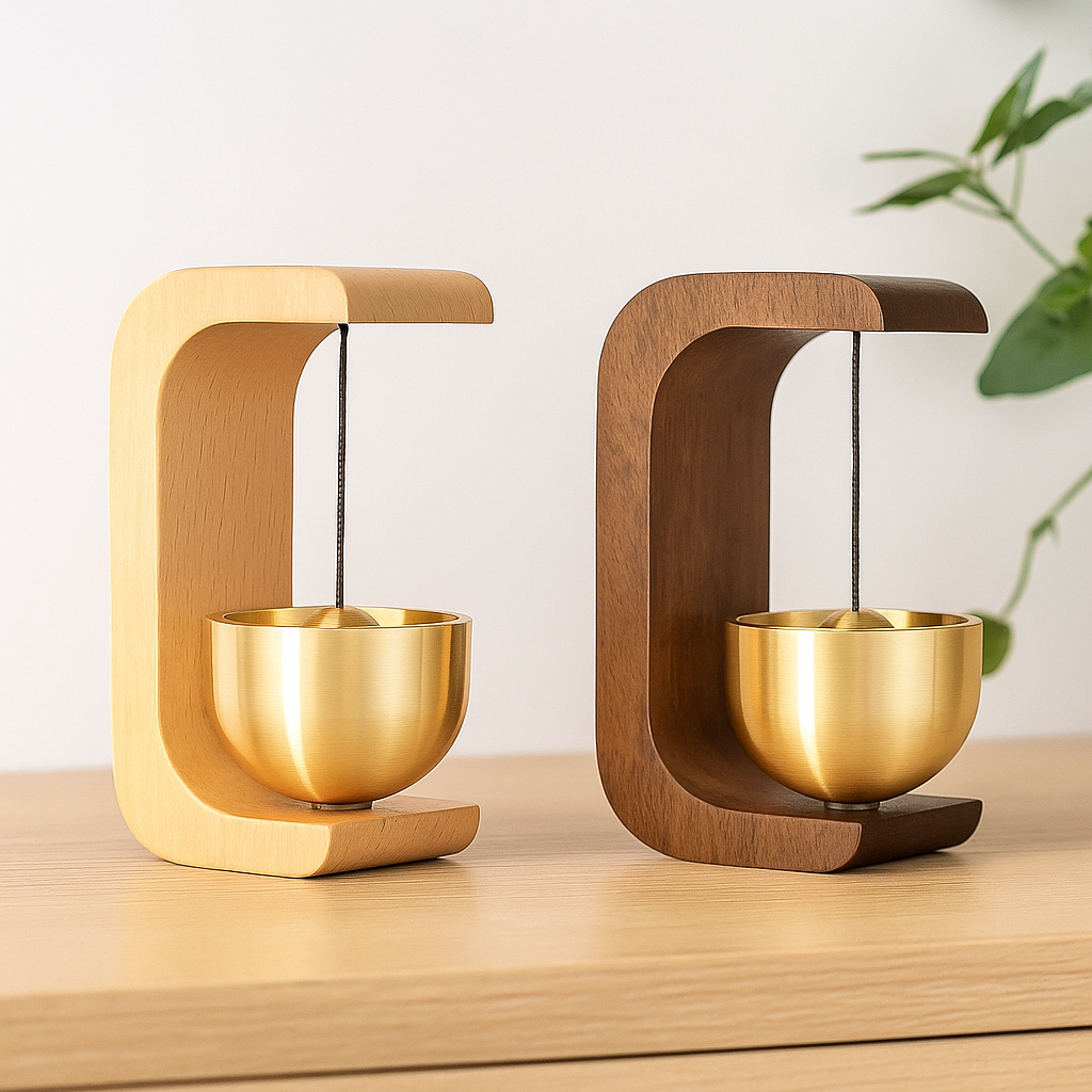 Modovo Set Of 2 Wooden Door Bell | Handmade Magnetic Brass Wind Chime with Solid Wood Frame – Elegant Home Décor & Housewarming Gift - Natural Oak