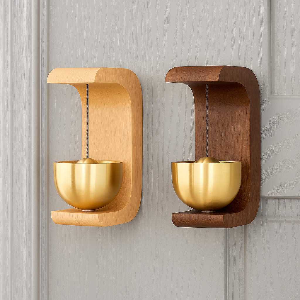Modovo Set Of 2 Wooden Door Bell | Handmade Magnetic Brass Wind Chime with Solid Wood Frame – Elegant Home Décor & Housewarming Gift - Natural Oak
