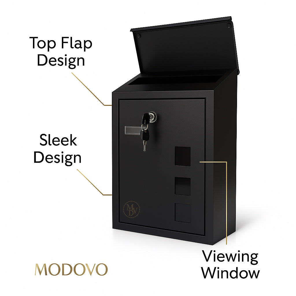 Modovo Black Wall Mounted Post Box | Lockable Weatherproof Mailbox with Viewing Windows