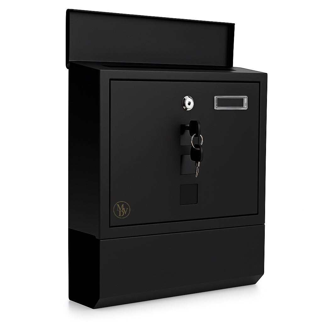 Modovo Black Wall Mounted Post Box | Lockable Weatherproof Mailbox with Newspaper Holder