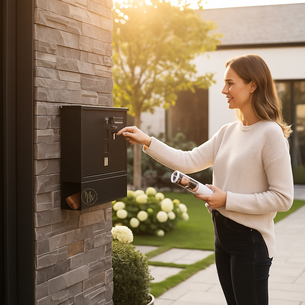 Modovo Black Wall Mounted Post Box | Lockable Weatherproof Mailbox with Newspaper Holder