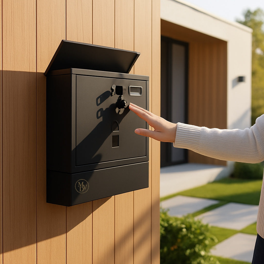 Modovo Black Wall Mounted Post Box | Lockable Weatherproof Mailbox with Newspaper Holder
