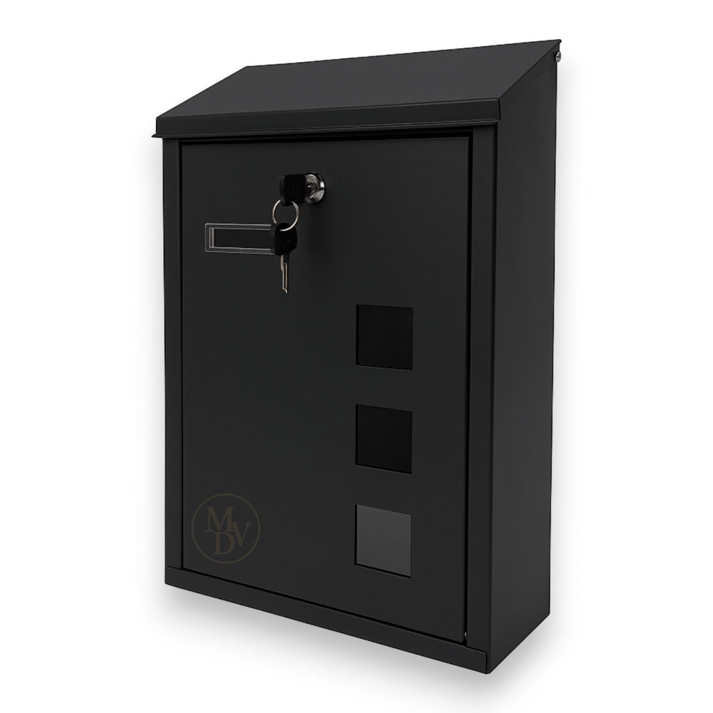 Modovo Black Wall Mounted Post Box | Lockable Weatherproof Mailbox with Viewing Windows