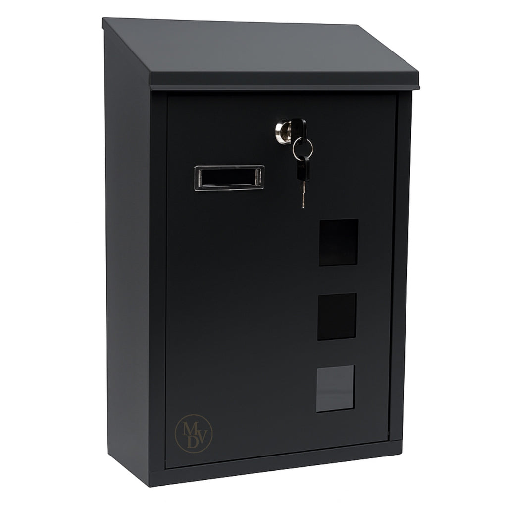 Modovo Black Wall Mounted Post Box | Lockable Weatherproof Mailbox with Viewing Windows
