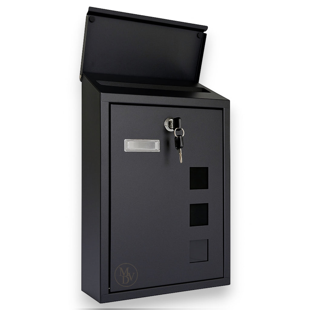 Modovo Black Wall Mounted Post Box | Lockable Weatherproof Mailbox with Viewing Windows