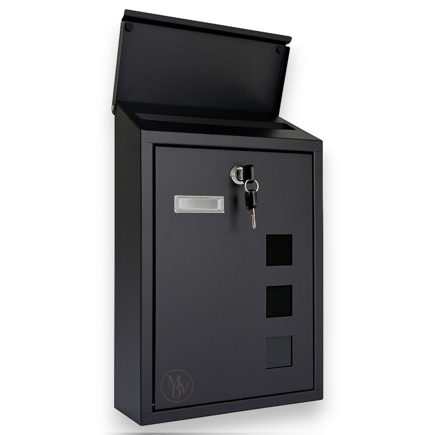 Modovo Black Wall Mounted Post Box | Lockable Weatherproof Mailbox with Viewing Windows