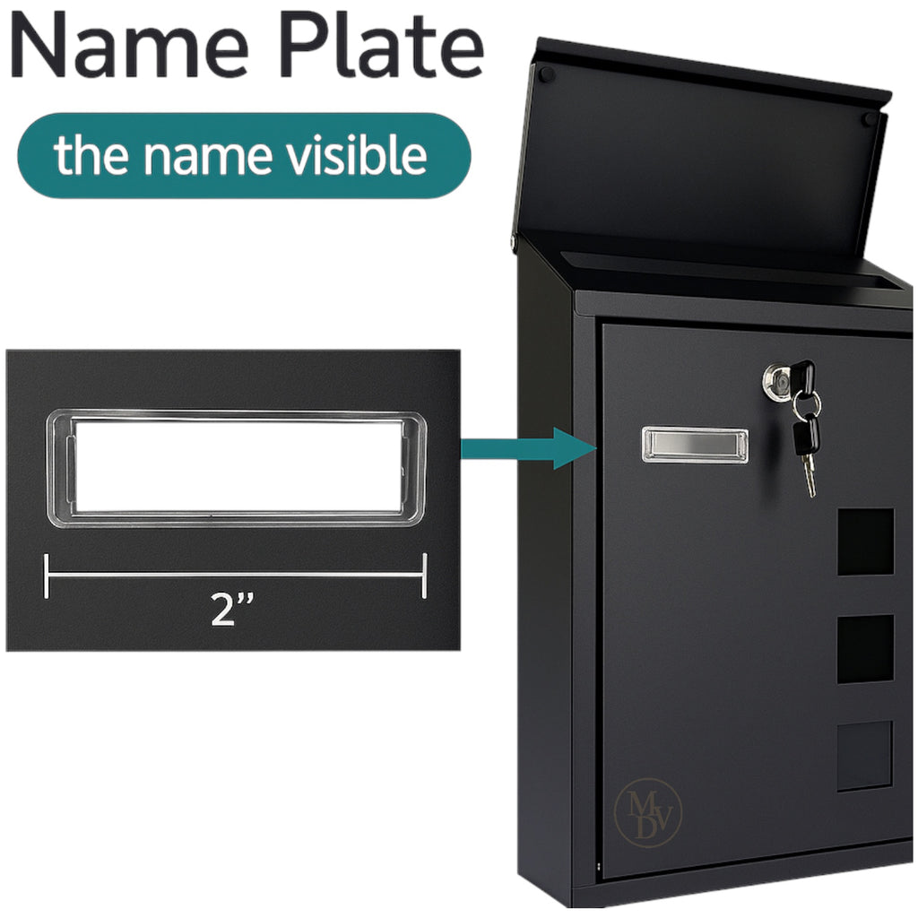 Modovo Black Wall Mounted Post Box | Lockable Weatherproof Mailbox with Viewing Windows