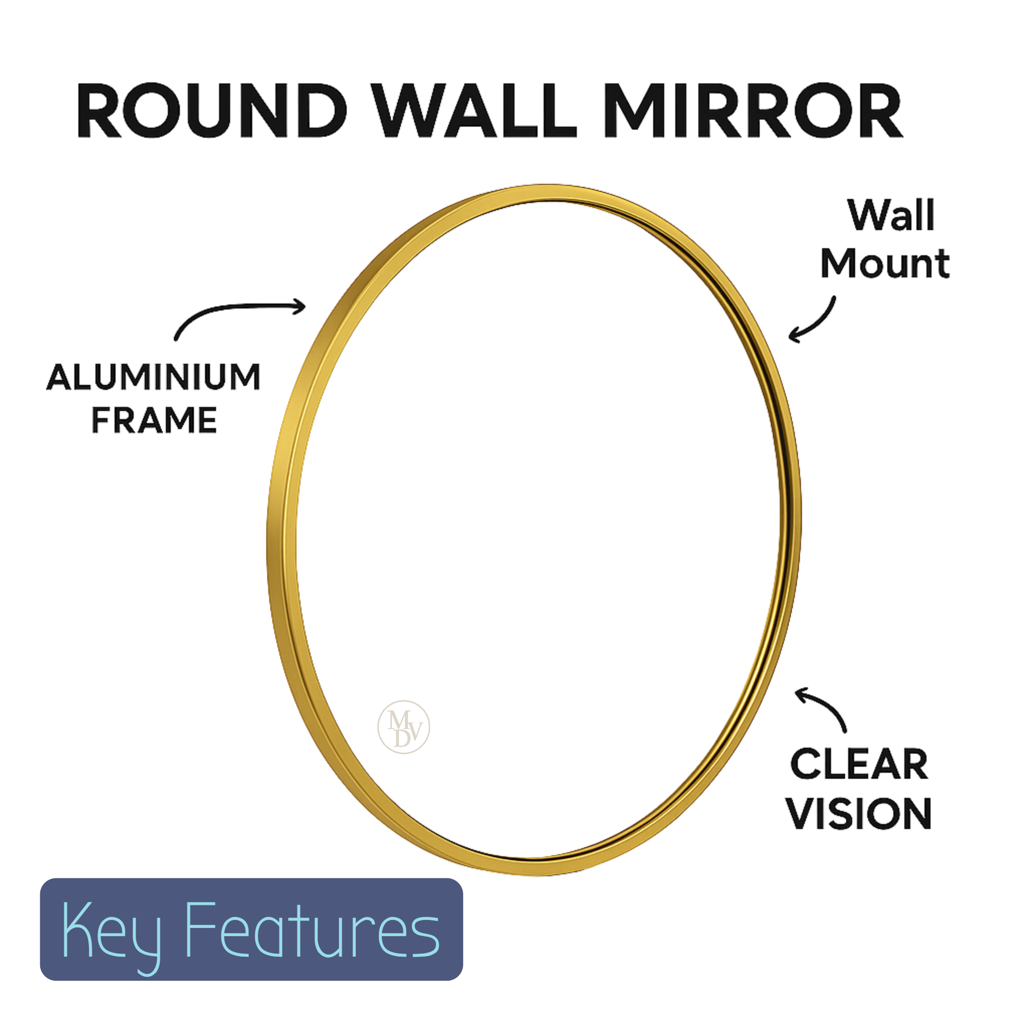 Modovo 40 cm Gold Round Wall Mirror | Modern Aluminium Frame & HD Glass