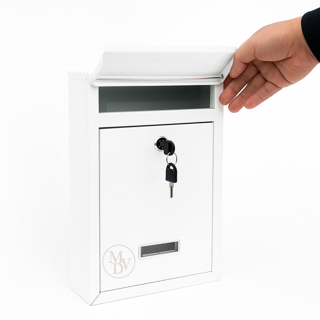 Modovo Wall Mounted White Post Box – Secure Lockable Mailbox with 2 Keys | Weatherproof Steel Letter Box