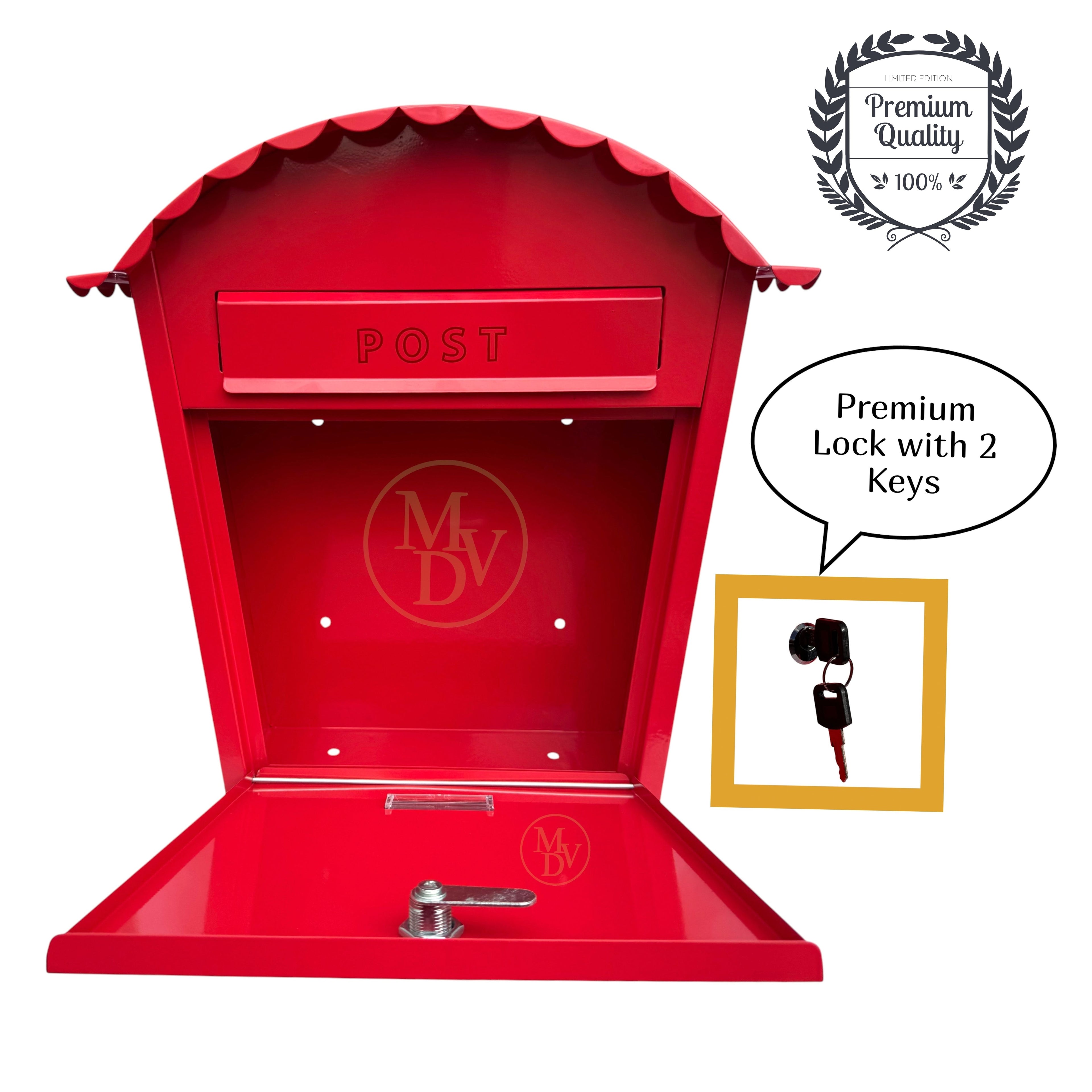 MODOVO Red Wall Mounted Post Box – Weatherproof Steel Letter Box with Lock & Keys