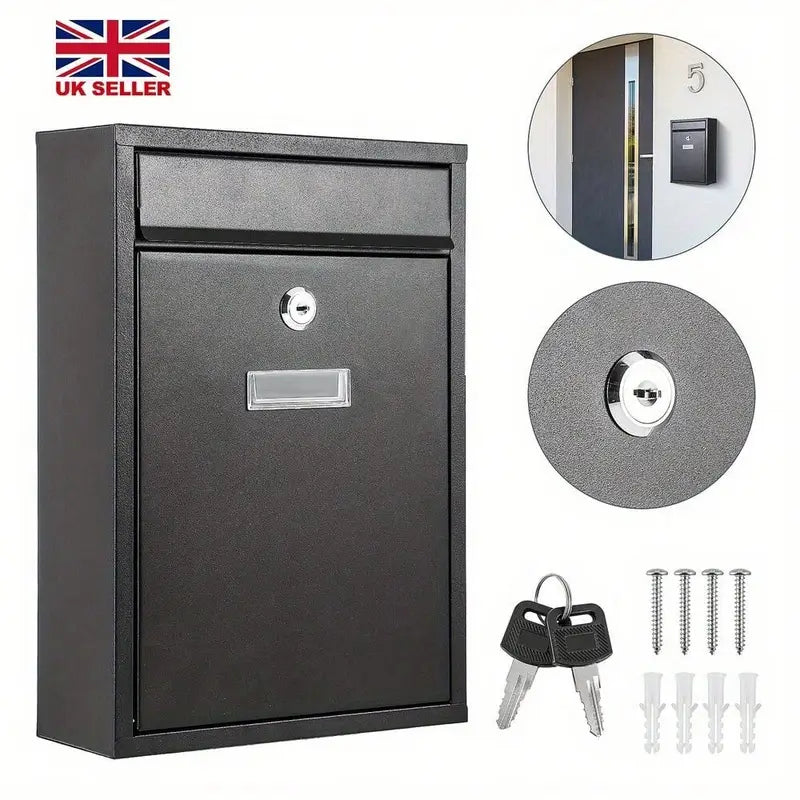 Modovo Wall Mounted Matte Black Post Box – Secure Lockable Mailbox with 2 Keys | Weatherproof Steel Letter Box