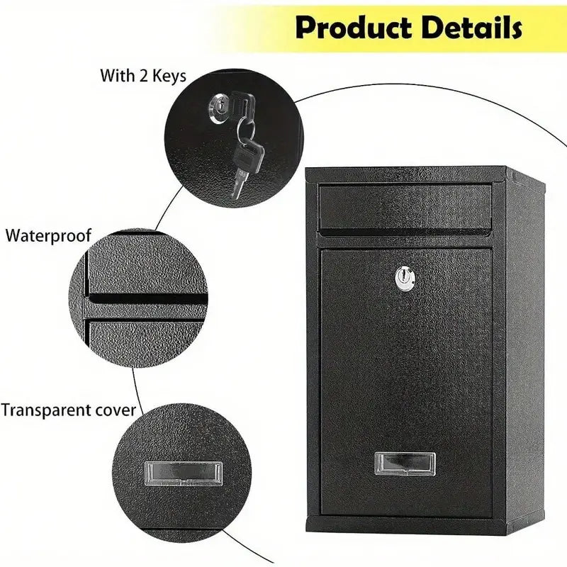 Modovo Wall Mounted Matte Black Post Box – Secure Lockable Mailbox with 2 Keys | Weatherproof Steel Letter Box