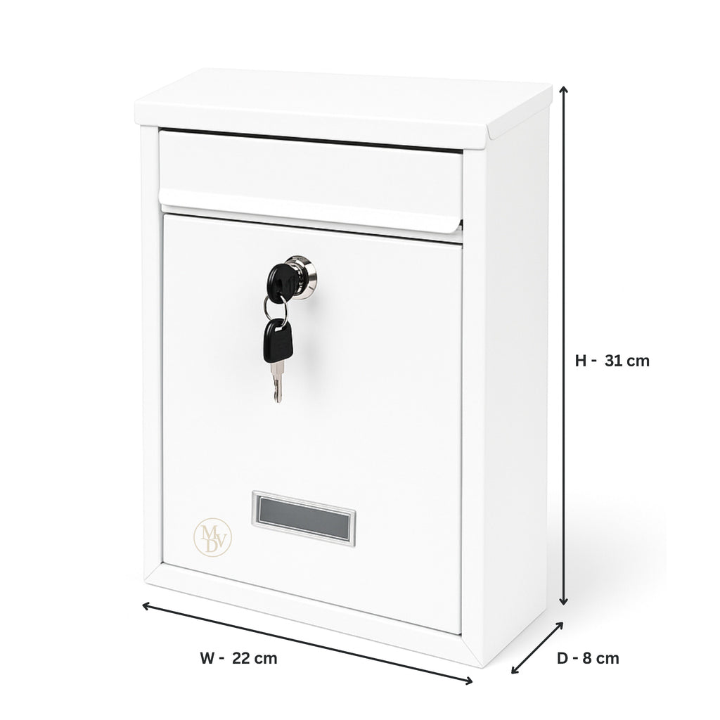 Modovo Wall Mounted White Post Box – Secure Lockable Mailbox with 2 Keys | Weatherproof Steel Letter Box