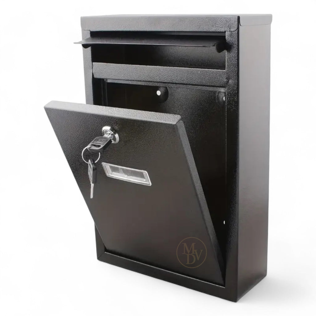 Modovo Wall Mounted Gloss Black Post Box – Secure Lockable Mailbox with 2 Keys | Weatherproof Steel Letter Box