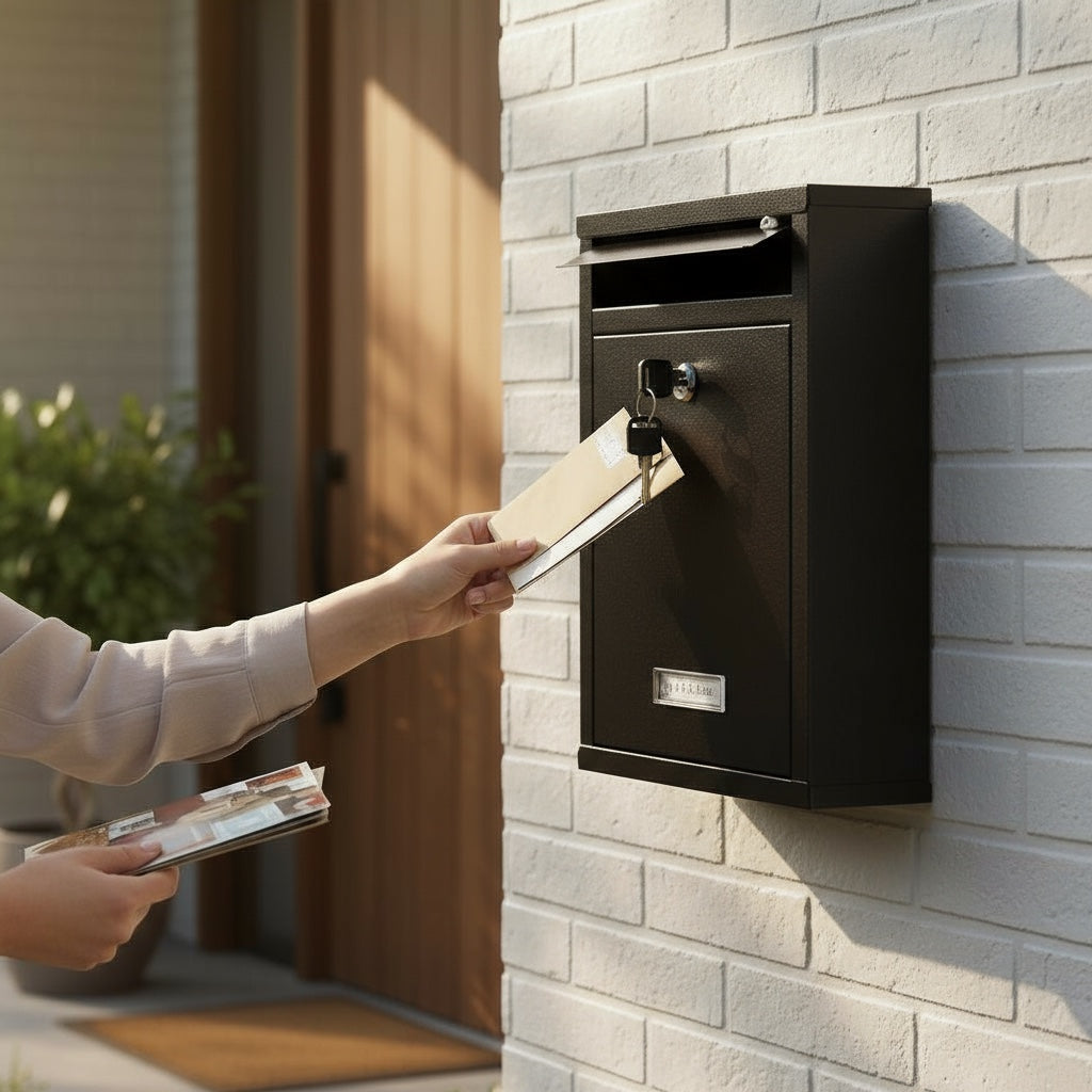 Modovo Wall Mounted Gloss Black Post Box – Secure Lockable Mailbox with 2 Keys | Weatherproof Steel Letter Box