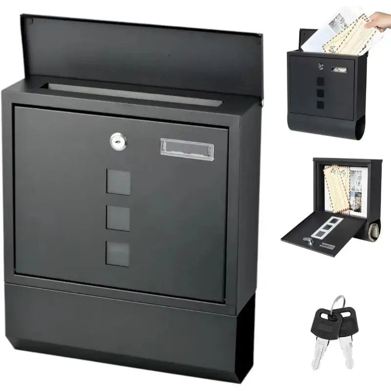 Modovo Black Wall Mounted Post Box | Lockable Weatherproof Mailbox with Newspaper Holder