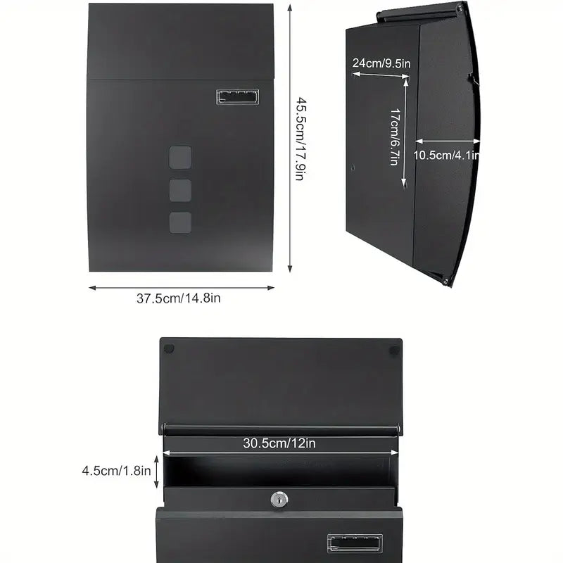 Modovo Curved Black Wall Mounted Post Box | Lockable Weatherproof Mailbox with 2 Keys & Viewing Windows