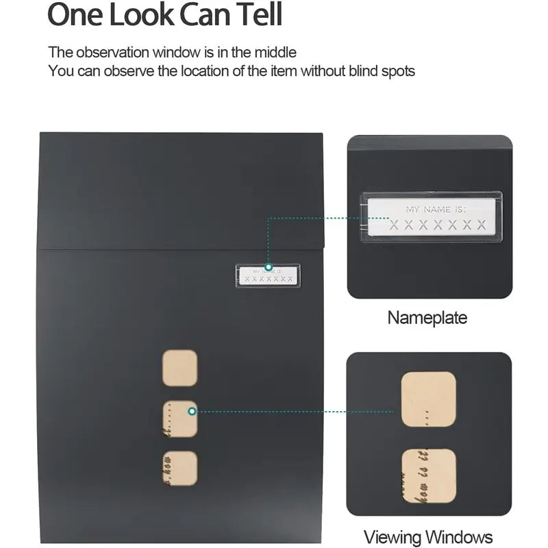 Modovo Curved Black Wall Mounted Post Box | Lockable Weatherproof Mailbox with 2 Keys & Viewing Windows
