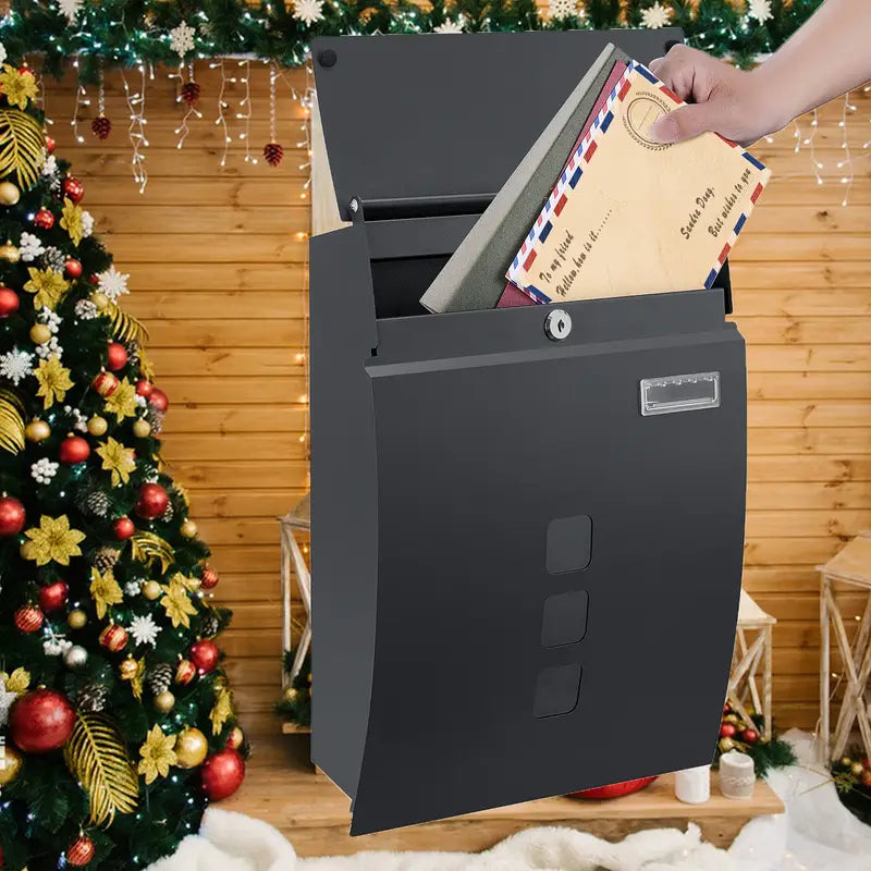 Modovo Curved Black Wall Mounted Post Box | Lockable Weatherproof Mailbox with 2 Keys & Viewing Windows