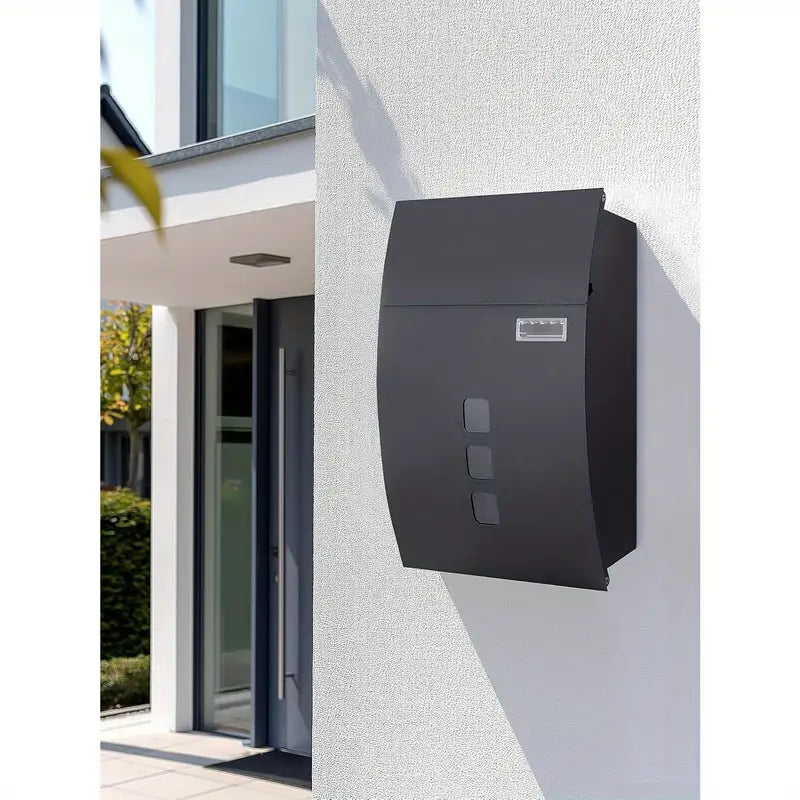 Modovo Curved Black Wall Mounted Post Box | Lockable Weatherproof Mailbox with 2 Keys & Viewing Windows