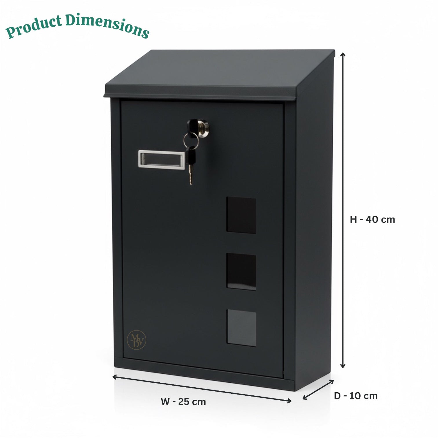 Modovo Black Wall Mounted Post Box | Lockable Weatherproof Mailbox with Viewing Windows