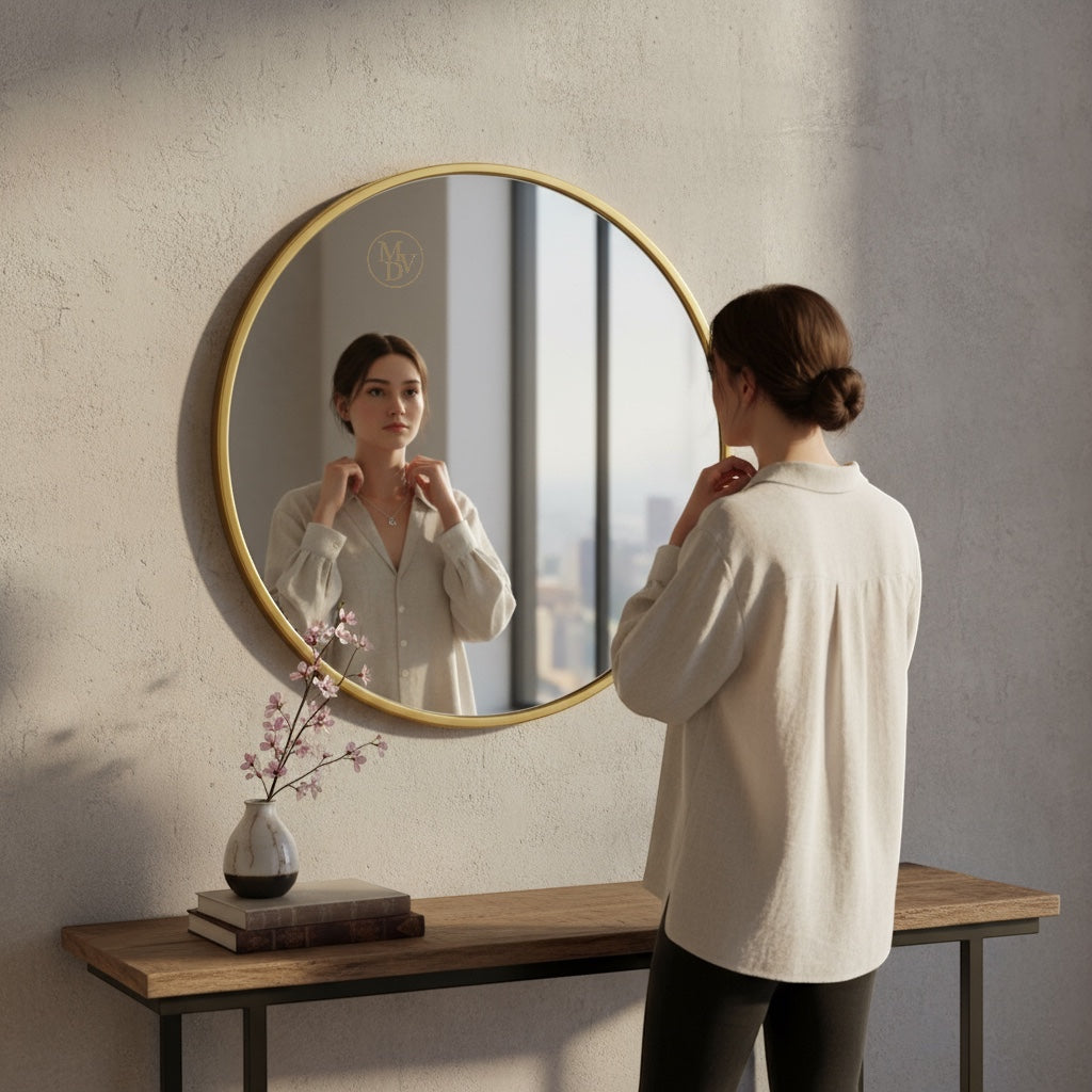 Modovo 40 cm Gold Round Wall Mirror | Modern Aluminium Frame & HD Glass