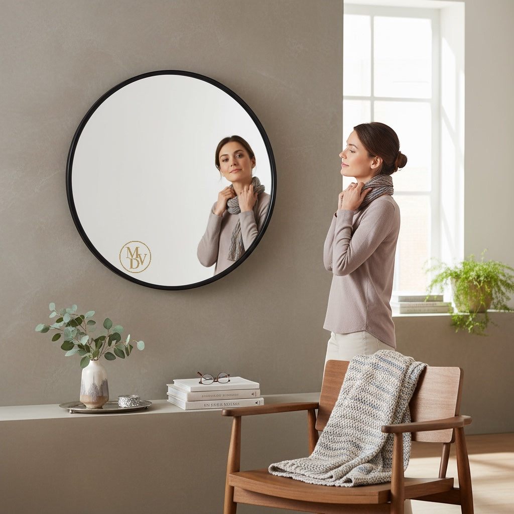 Modovo 40 cm Black Round Wall Mirror | Modern Aluminium Frame & HD Glass