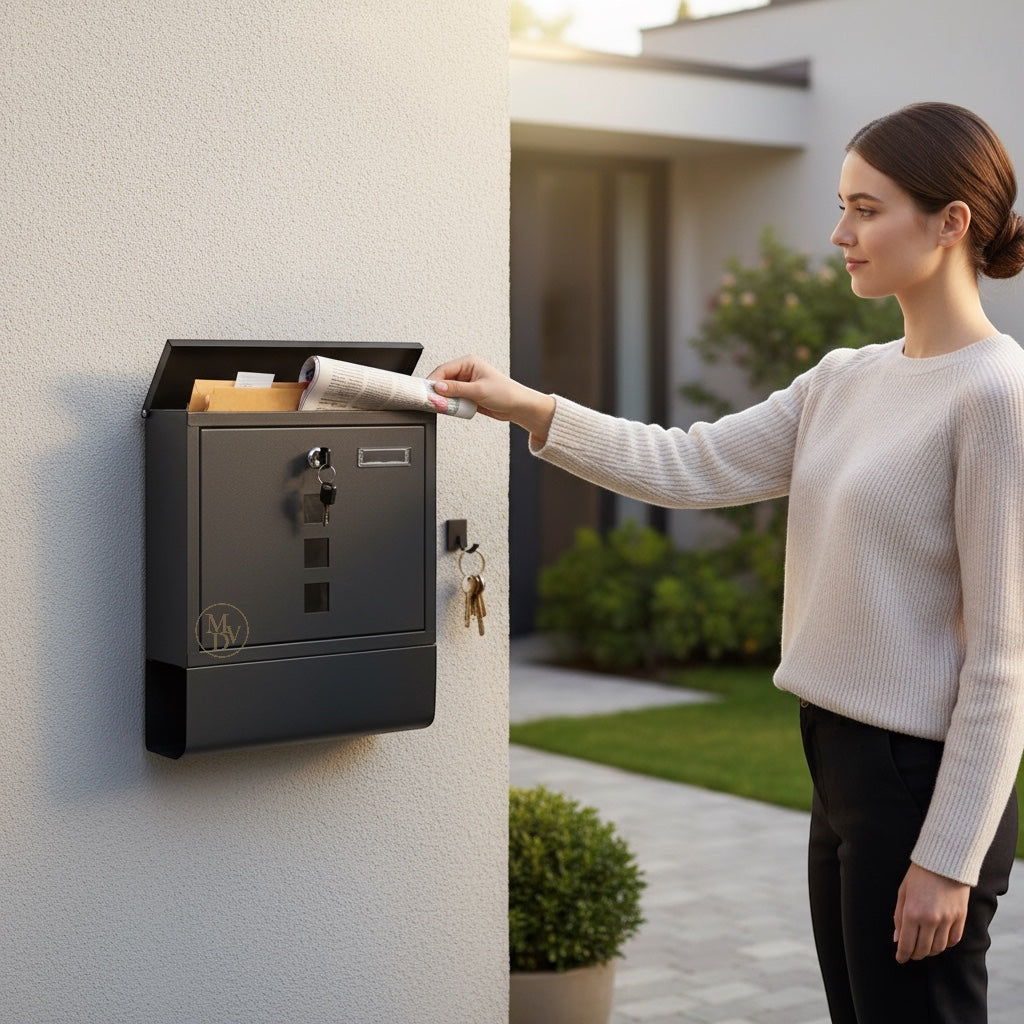 Modovo Black Wall Mounted Post Box | Lockable Weatherproof Mailbox with Newspaper Holder