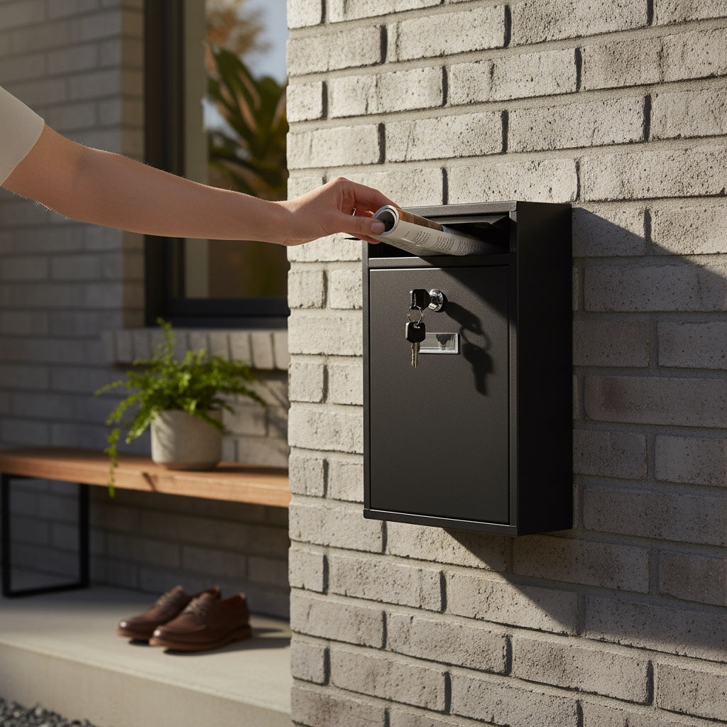 Modovo Wall Mounted Matte Black Post Box – Secure Lockable Mailbox with 2 Keys | Weatherproof Steel Letter Box