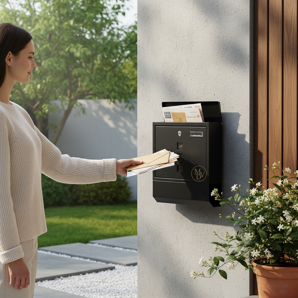 Modovo Black Wall Mounted Post Box | Lockable Weatherproof Mailbox with Newspaper Holder