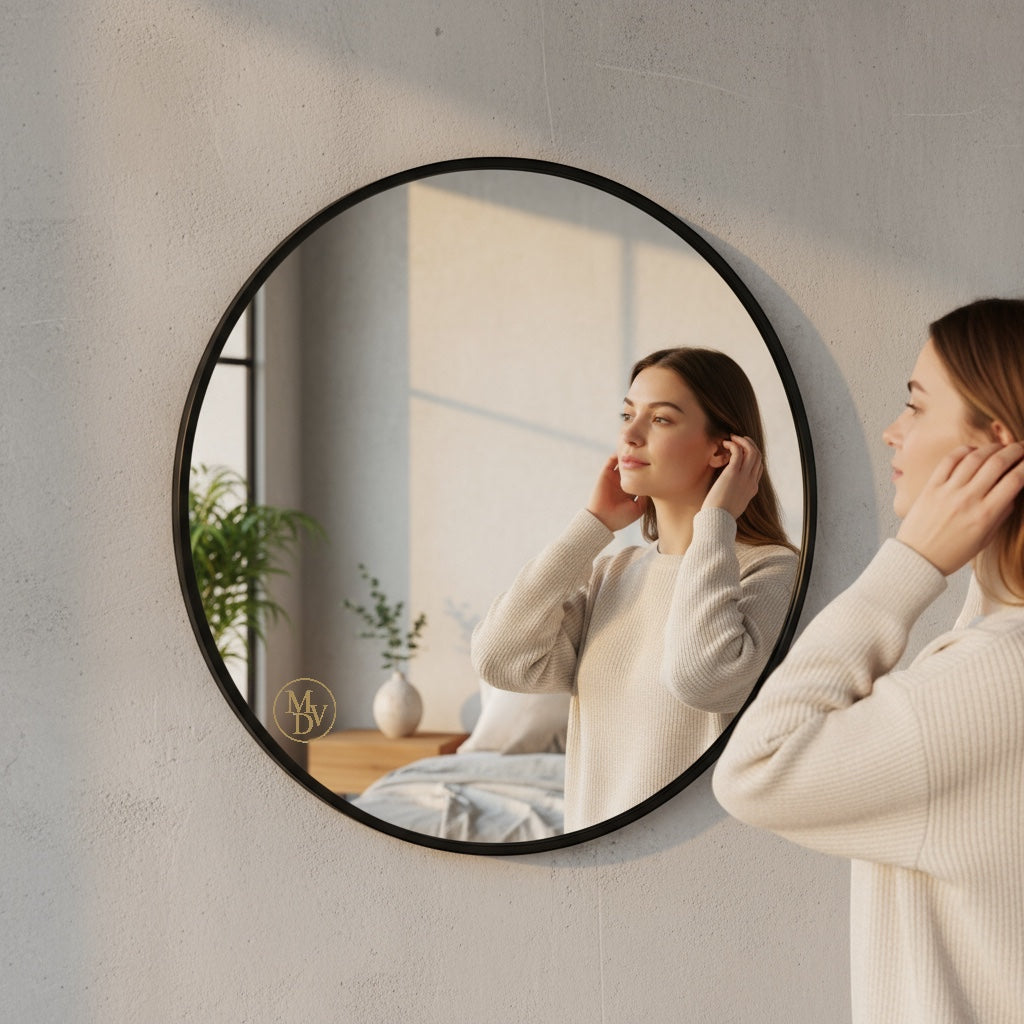 Modovo 40 cm Black Round Wall Mirror | Modern Aluminium Frame & HD Glass