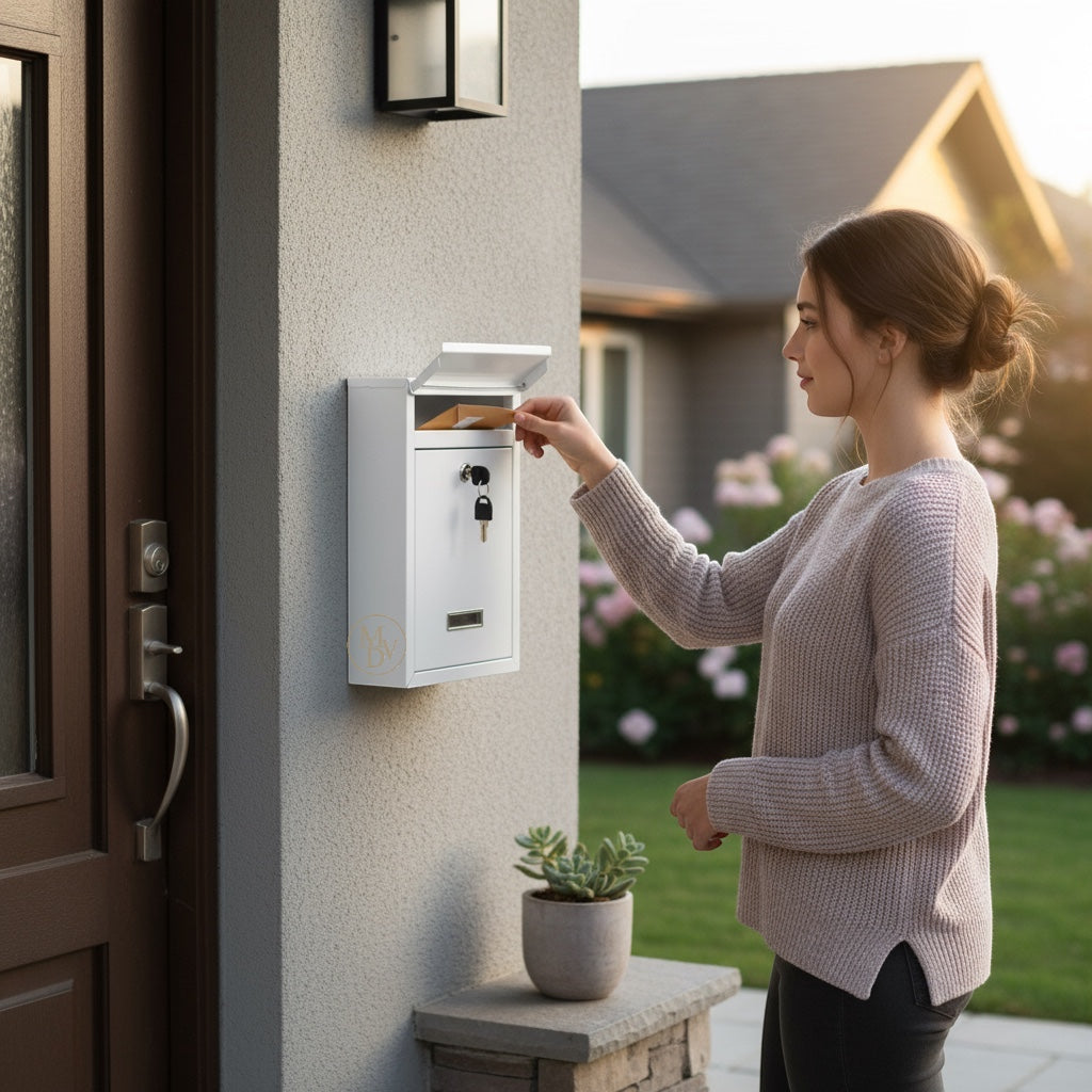 Modovo Wall Mounted White Post Box – Secure Lockable Mailbox with 2 Keys | Weatherproof Steel Letter Box