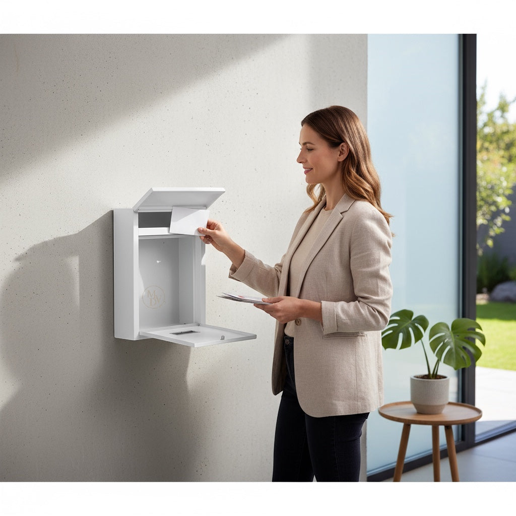 Modovo Wall Mounted White Post Box – Secure Lockable Mailbox with 2 Keys | Weatherproof Steel Letter Box