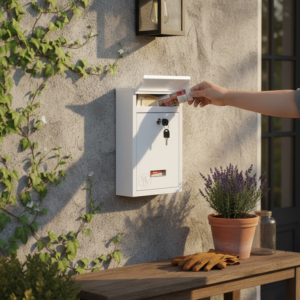 Modovo Wall Mounted White Post Box – Secure Lockable Mailbox with 2 Keys | Weatherproof Steel Letter Box